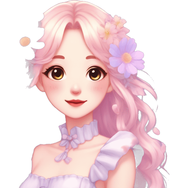 Gorgeous pastel anime style lady with blushing face with flower petals around  cottagecore fairycore pastelcore shiny colorful pearly petite simplistic aesthetic trending style emoji