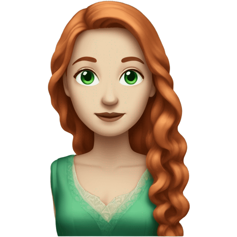 Rich woman, red long hair,  pale-skin, emerald blue-green-eyes emoji