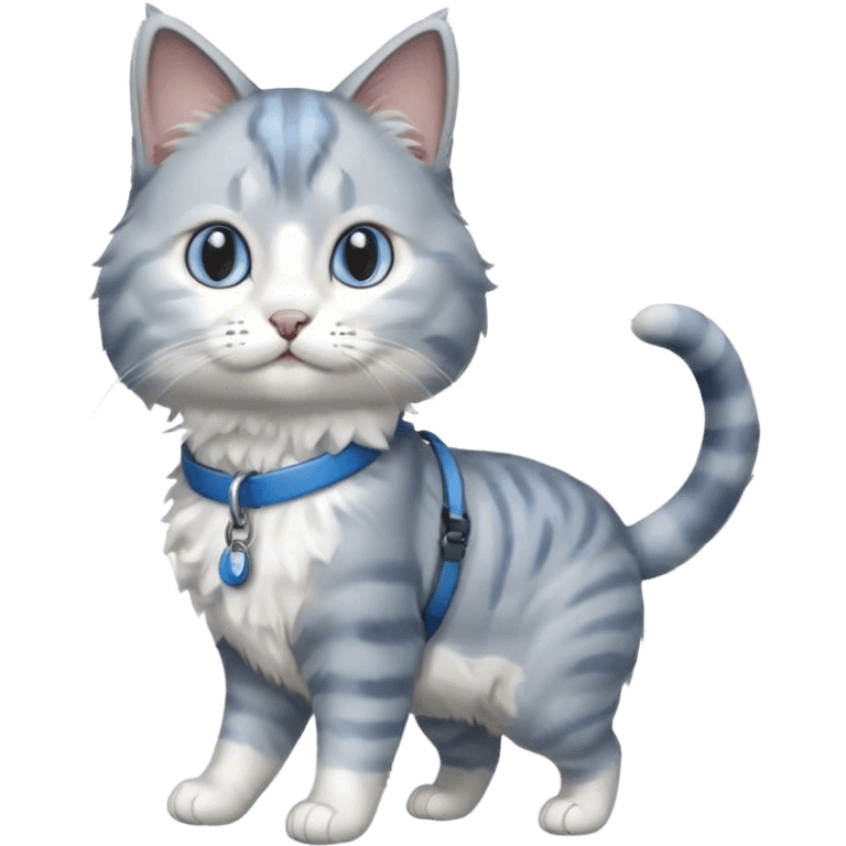 gray and white cat being walked on a blue leash emoji