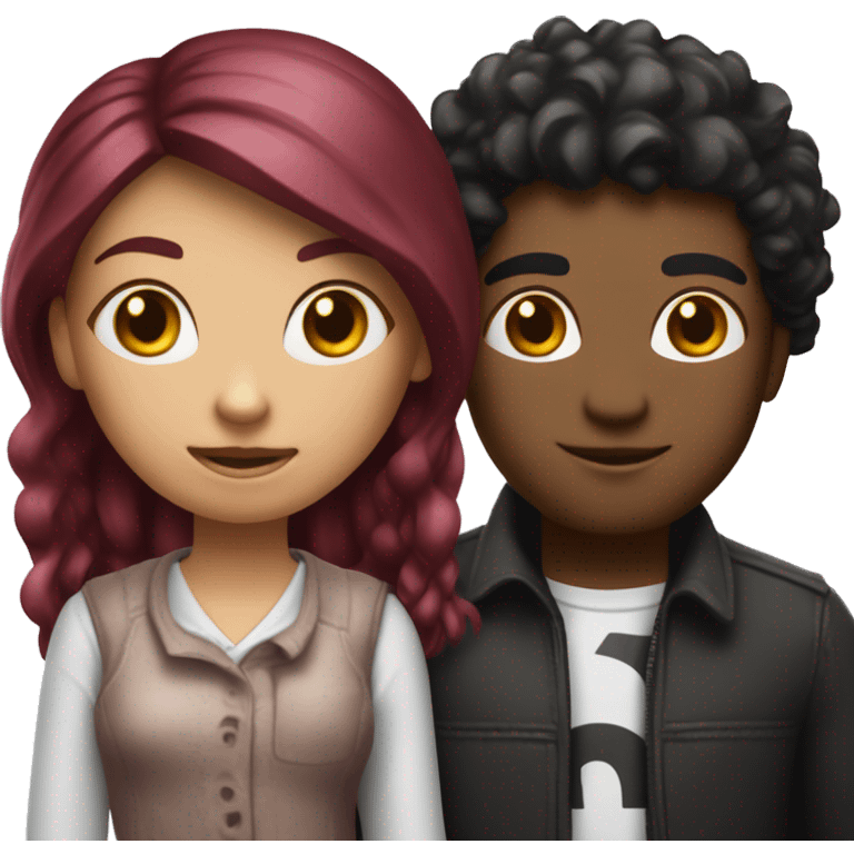 Girl with burgundy hair next to a tall boy with short black hair holding up a sign that says “BFF” emoji