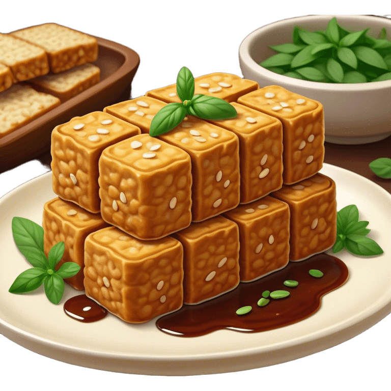 Tempeh Cinematic Realistic Tempeh Dish Emoji, depicted as crispy, sliced portions of fermented soy cake with a golden-brown finish, rendered with detailed textures and warm, inviting lighting. emoji