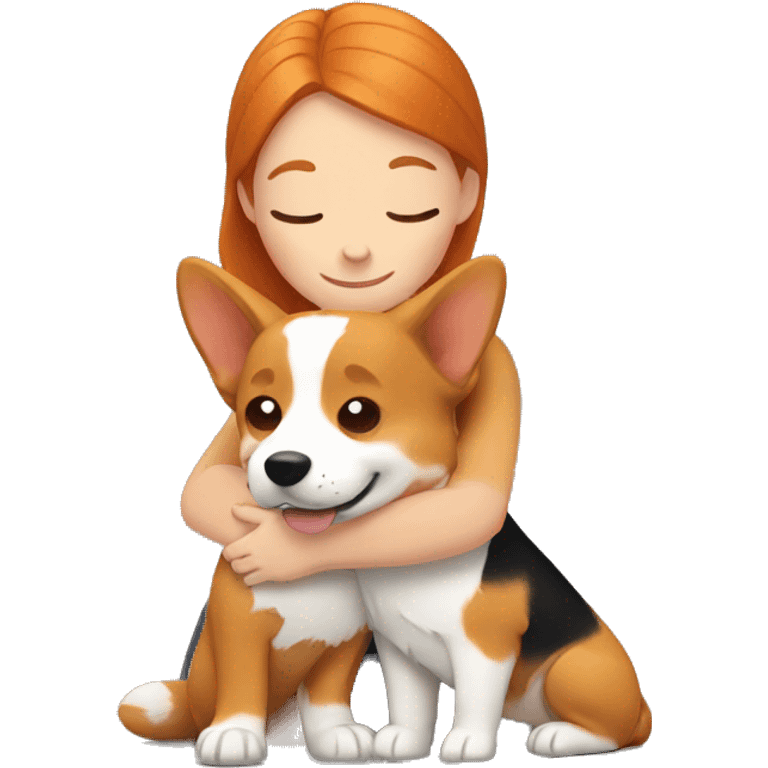 Ginger girl hugging corgi emoji