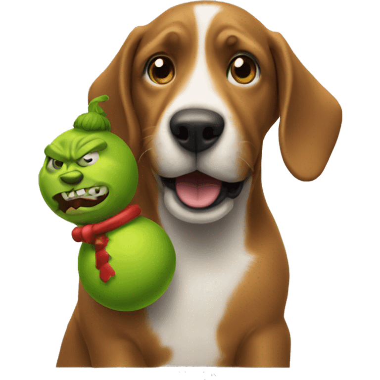 A dog with a toy shooting at a grinch emoji