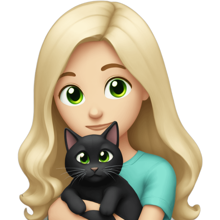 White brown-haired blue-eyed girl hugging black cat with green eyes emoji