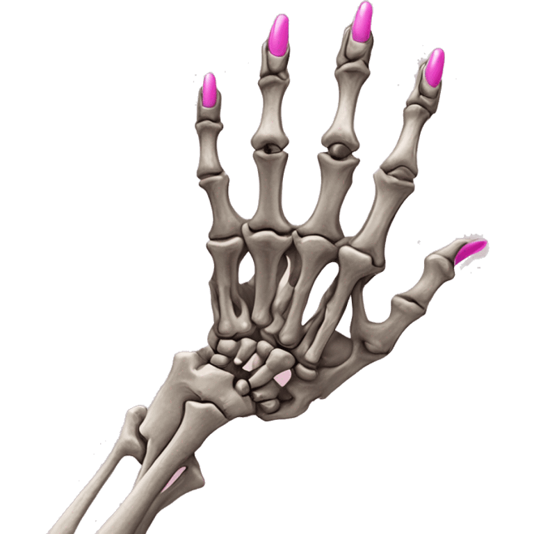 Pretty skeleton 5 fingers hand with pink nails manicure girly design but stylish minimalistic emoji