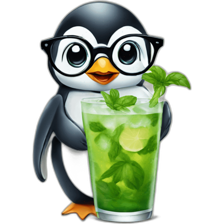 baby penguin with big glasses drinking mojito emoji