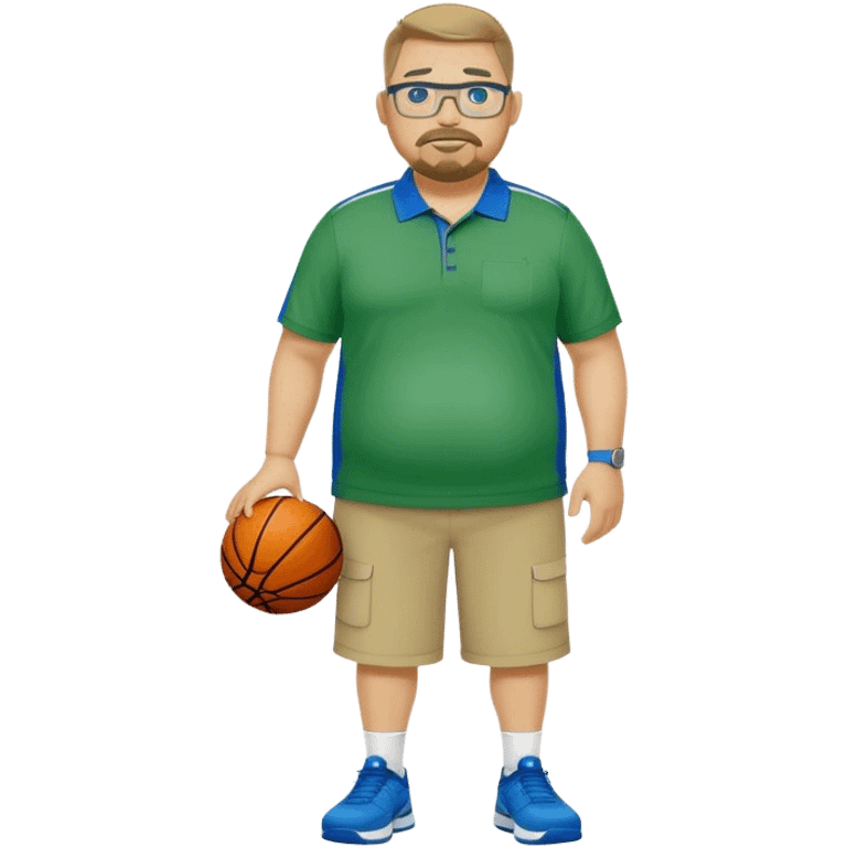  full body white obese male basketball coach with trophy. Goatee , Wearing glasses and blue and green nike polo shirt and khaki pants emoji