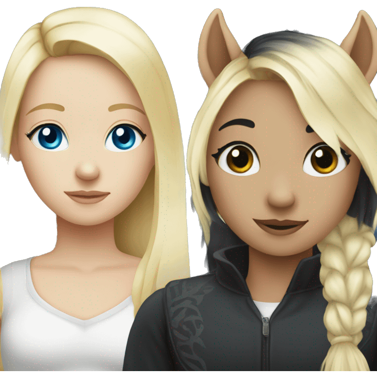 blonde girl with blue eyes and her black horse with black mane emoji