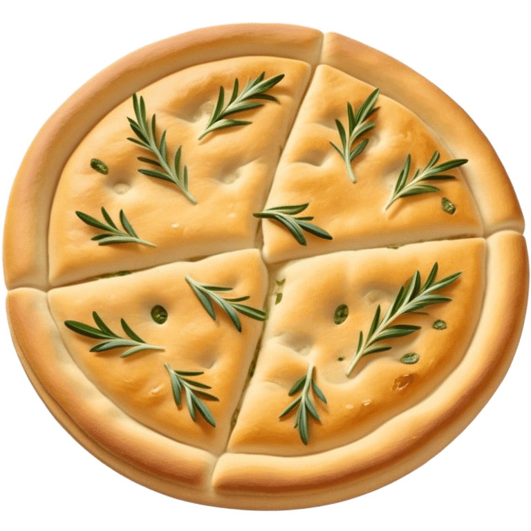 Focaccia Cinematic Realistic Focaccia Bread Dish Emoji, depicted as a golden, olive-oil brushed flatbread sprinkled with herbs, rendered with lifelike textures and warm, inviting lighting. emoji