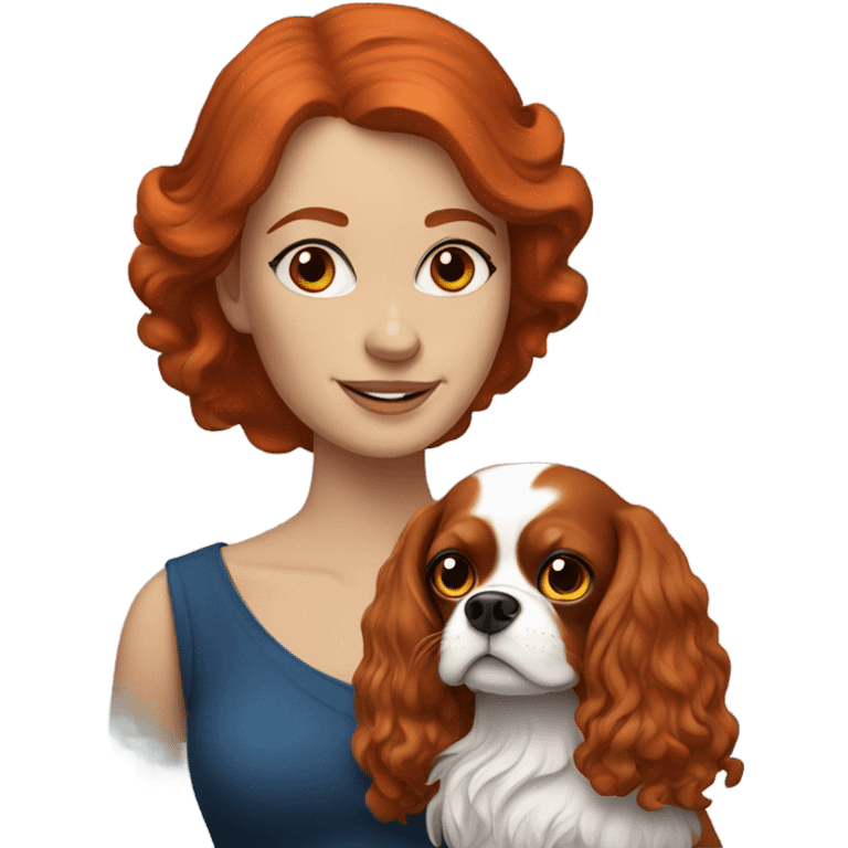 A red haired woman with blue eyes and holding a King Charles Cavalier emoji