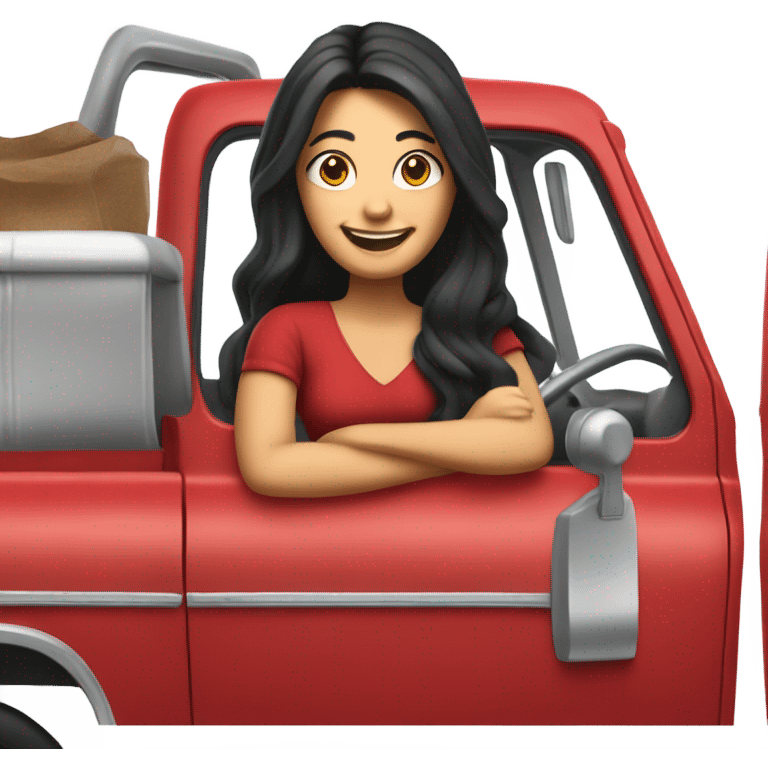 Life-like red pick up truck smiling lady with long black hair driving  emoji