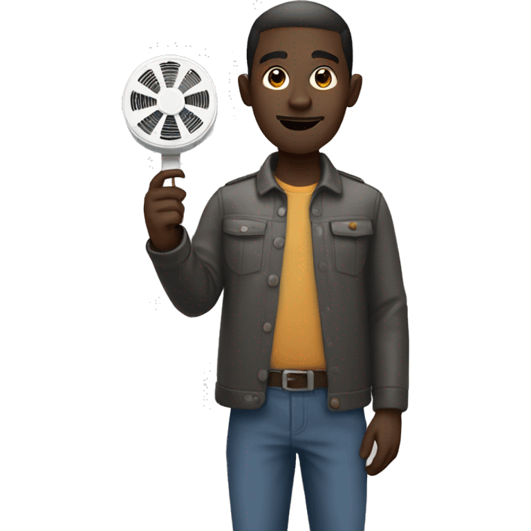 Dark skinned man holding circular Smoke detector emoji