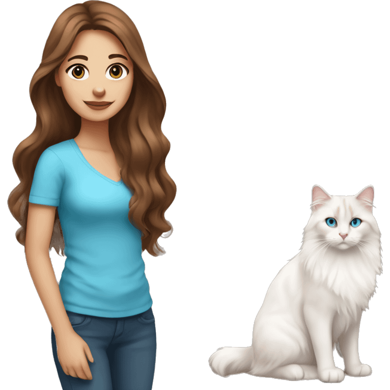 woman with long brown hair and pink shirt and holding a all white Siberian cat with blue eyes emoji