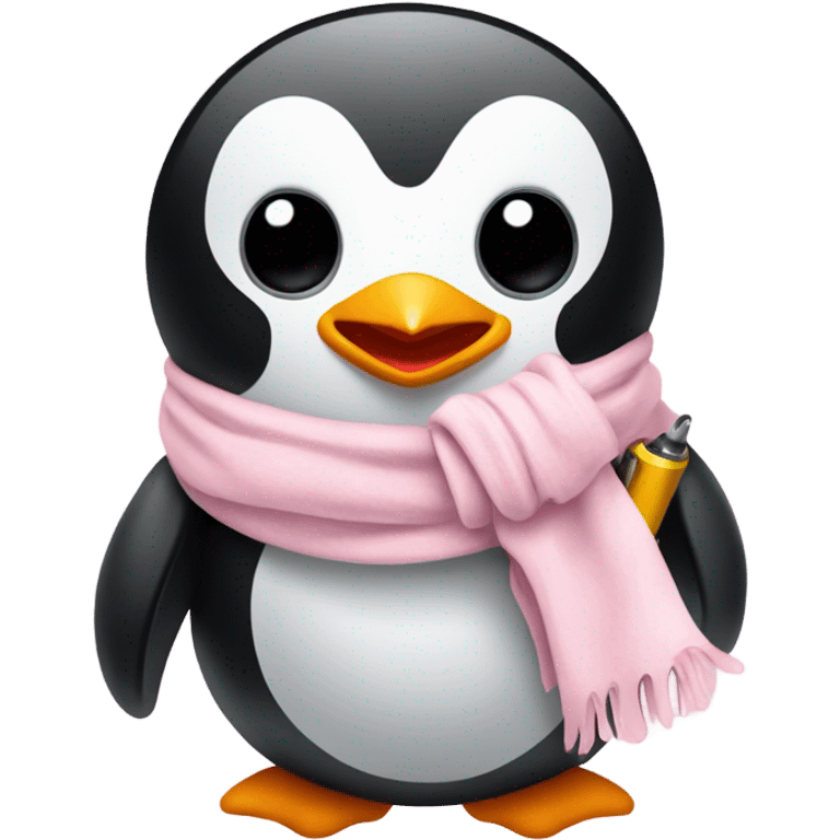 cute penguin wearing light pink bow scarf and holding light pink gun  emoji