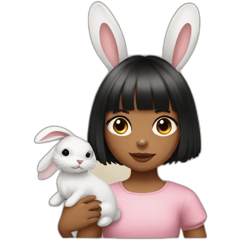 Little girl with black bangs holding rabbit emoji