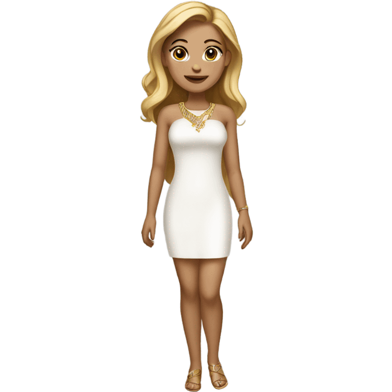 do a white but not too white girl with really dark blond hair brown eyes and gold jewelry, full body, legs arms and a white short dress emoji