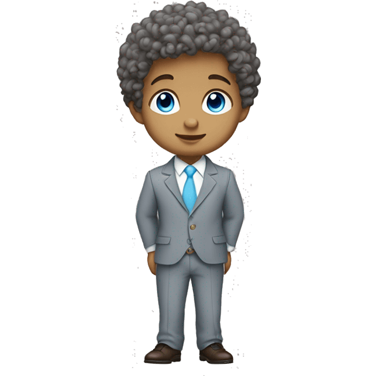 Little white young  gentleman wearing a grey suit with white shirt and baby blue tie with blue eyes ,   brown curly hair and full body . Wearing a watch  emoji