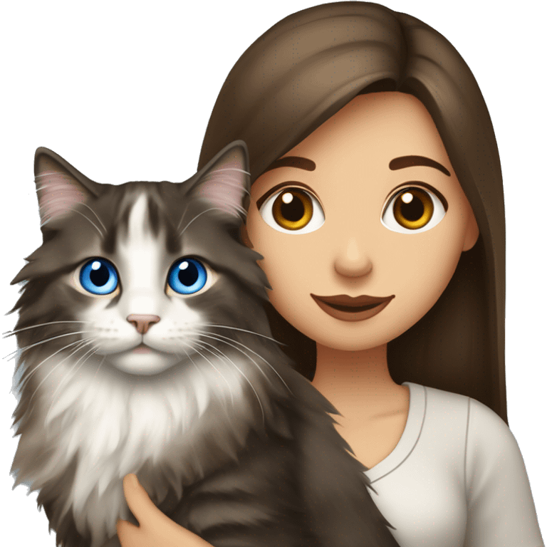 long straight haired blue eyed brunette woman holding norwegian forest cat with amber eyes emoji