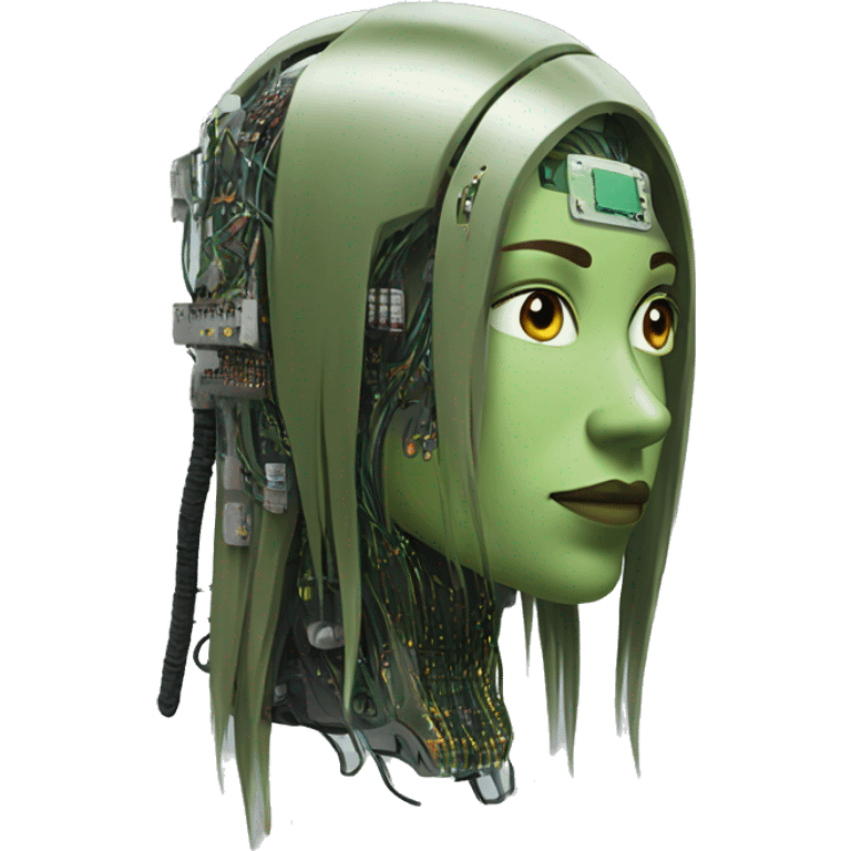 Olive green long hair female cyborg head with circuits emoji