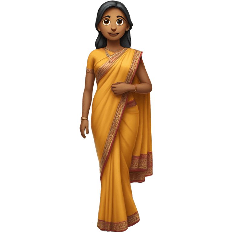 Here is the full-body image of the 3D Indian woman character, turned slightly to the left. I think she looks graceful and elegant! and include her legs straight image  and hands separate full saree  emoji