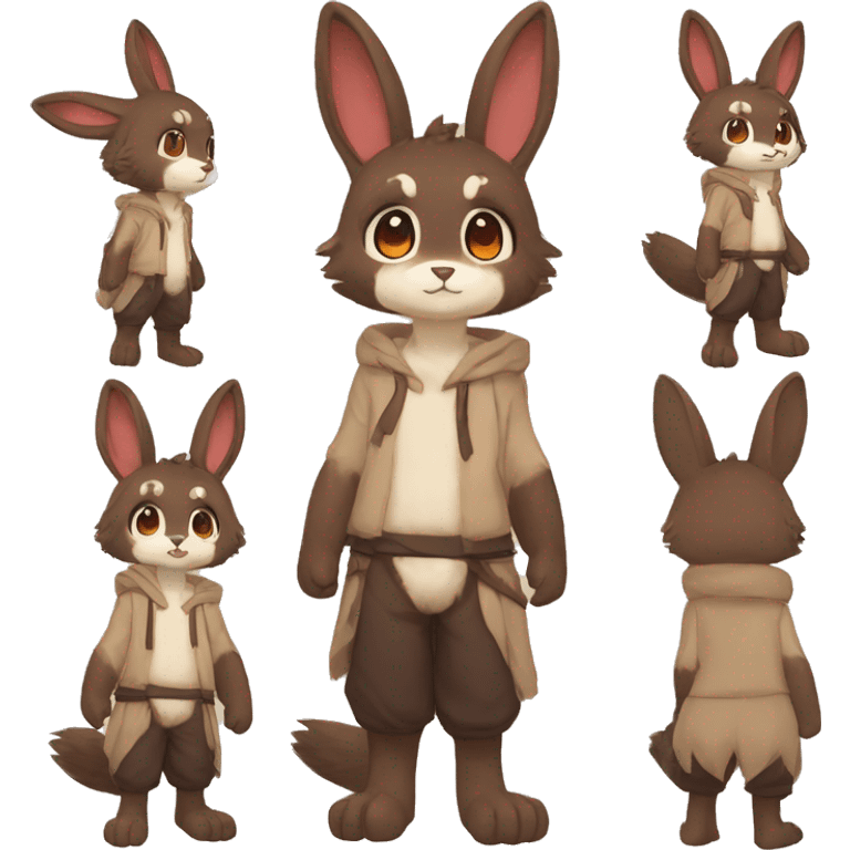 Cute, Chibi, Kemono-style, Anthro, Fur-Sona, Dark-Brown, Normal-type-Ground-type Tan-Rabbit-Fakémon with Dark-Red eyes, beige belly, beige paws, beige feet, beige freckles, full body emoji