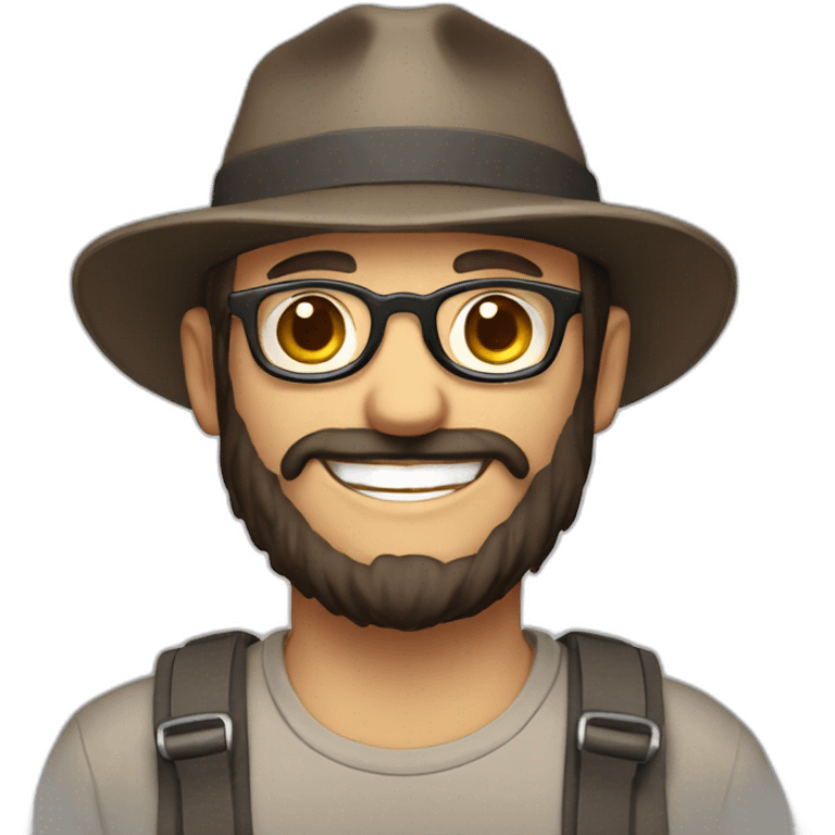 happy smile gardener face long dark beard and bald dark hair round glasses brown eyes and a hat emoji