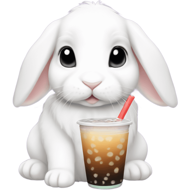 White mini lop rabbit drinking boba tea emoji