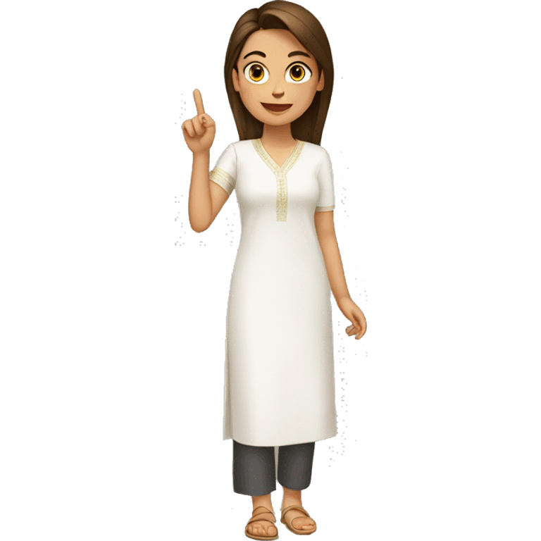 A young woman with complete white kurti showing 1 finger emoji