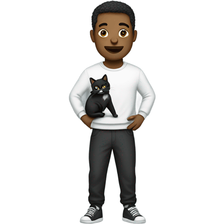 man wearing sweat pants holding a black and white cat emoji