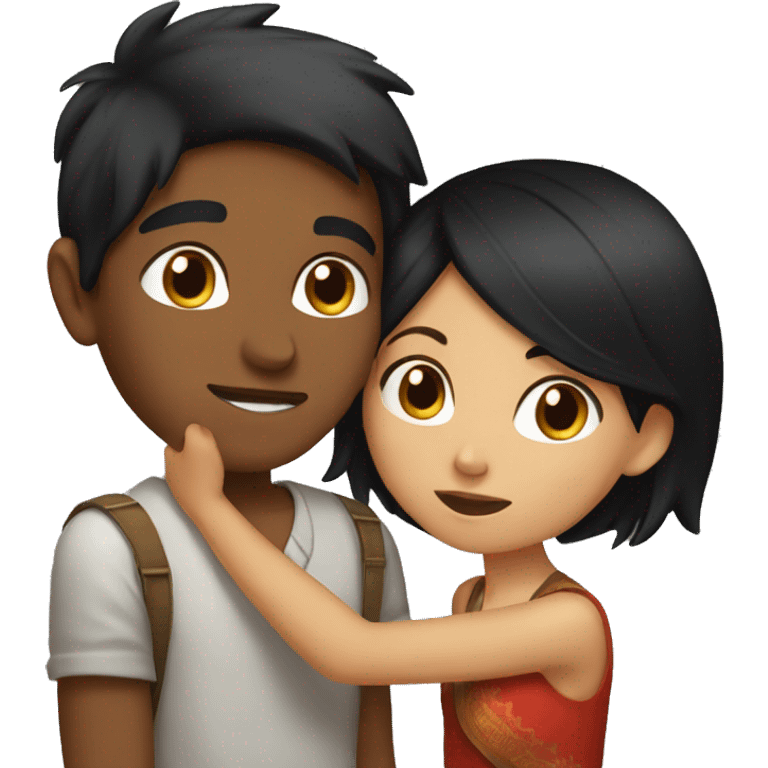 Indian boy kissing white girl with black hair on the cheek emoji