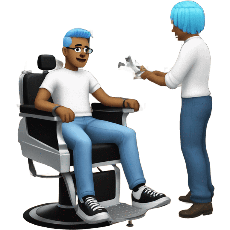 a guy with blue hair and a black head band getting a haircut  emoji