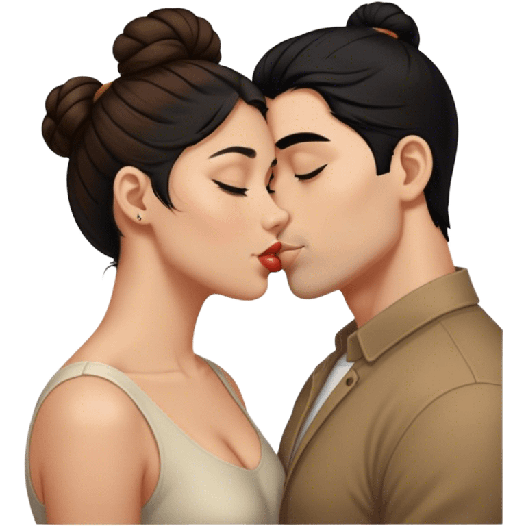 Man with black hair bun kissing woman with long brown hair emoji