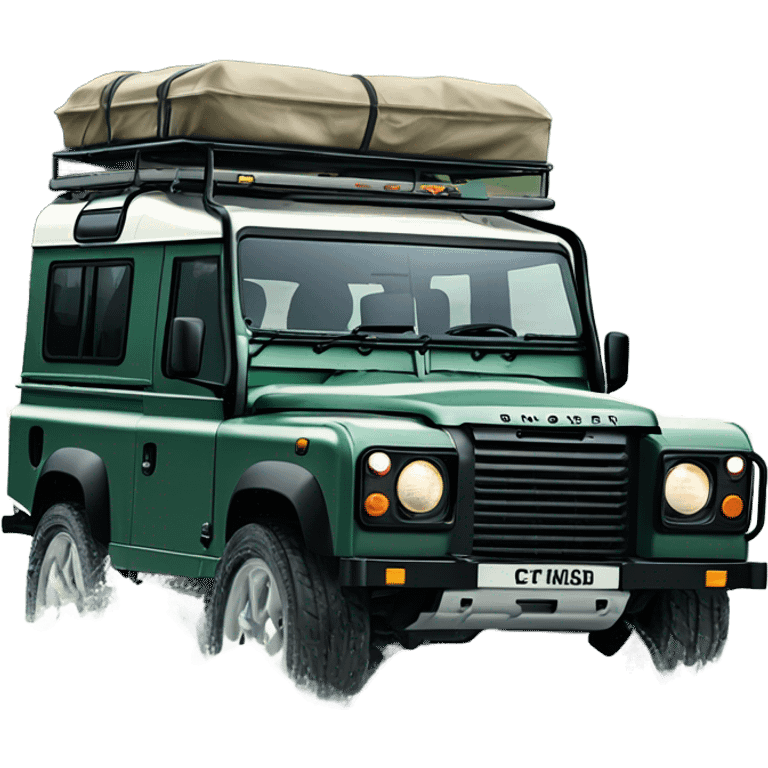 A four-wheel drive Land Rover crossing a shallow river in a rainforest, with trees in the background and splashing water, representing versatility and strength. emoji