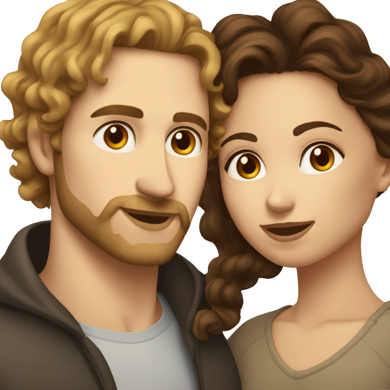 White woman with long dark brown curly hair kissing white man with light brown hair and stubble emoji