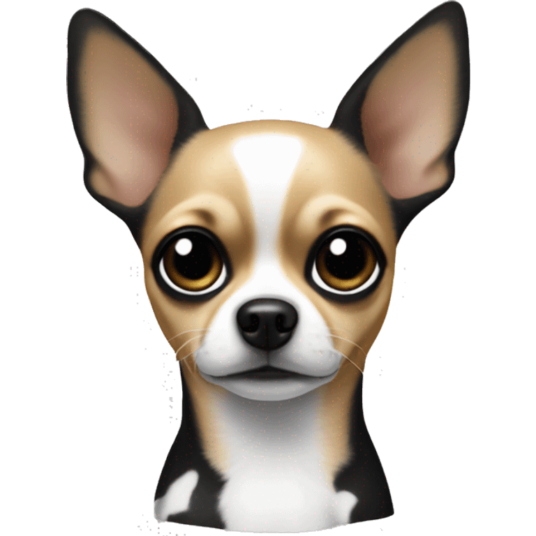 Chihuahua dog.His is mainly black and white, with black spots over the eyes, ears and back. The ears are large, pointed, There is a black spot on the chest that resembles an inverted triangle. He is upset emoji