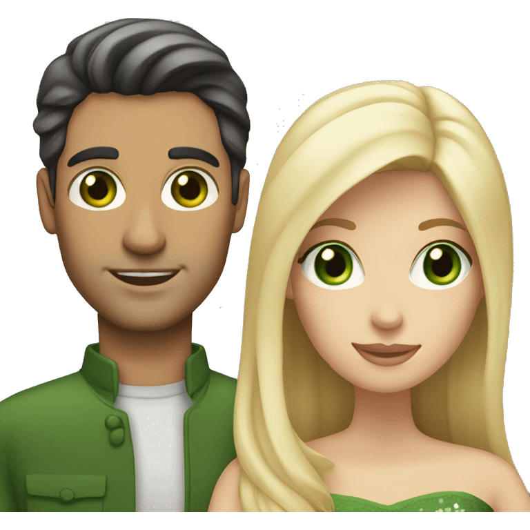 Married couple , the man has dark hair and the woman has long blonde hair and green eyes  emoji