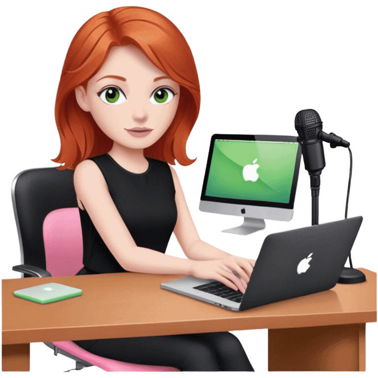 Redhead with green eyes sat at desk with pink MacBook and  podcast microphone black top and pink chair  emoji