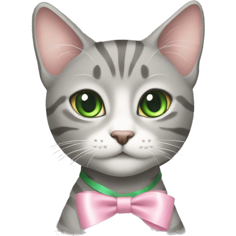 grey tabby cat with green eyes and light pink ribbon bow on her head emoji