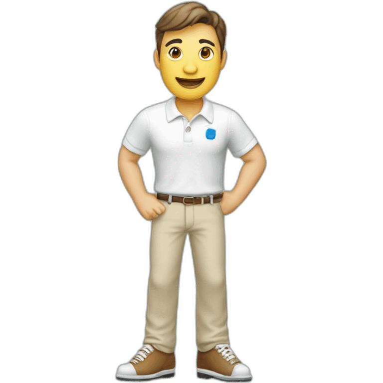 Un porcelanato calacata con manos, boca y zapatos, con la palabras quizud en su polo de color emoji