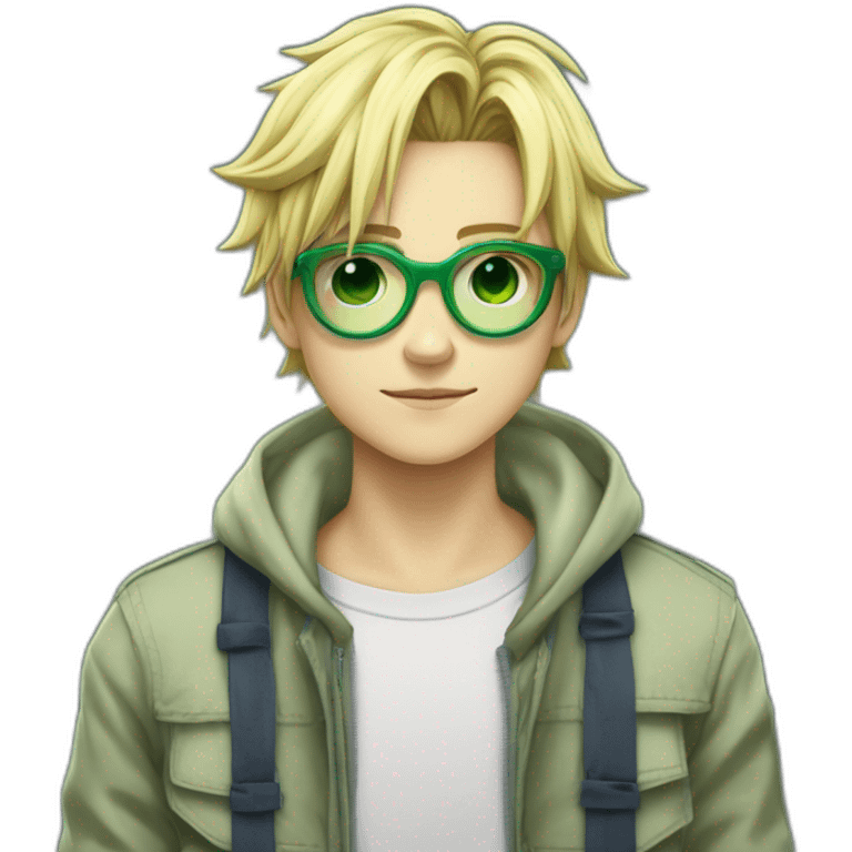 Un grand adolescent blond aux cheveux moyennement courts a lunettes avec du duvet , un sweat hunterxhunter vert avec la tête de gon freecs , ainsi qu'un jean qui tombe sur ses chaussures emoji