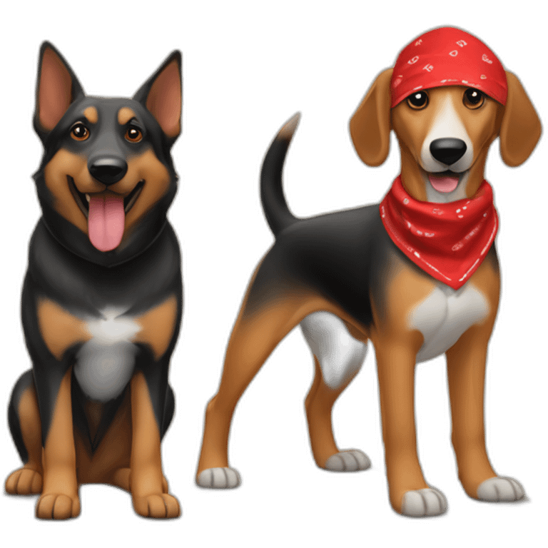 coonhound and German shepherd mix dog wearing small plain red bandana and walking left emoji