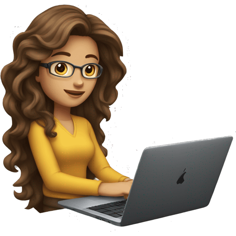 female coder with apple laptop in front of her, very long wavy brown hair, brown eyes, facing the right side looking at the laptop emoji