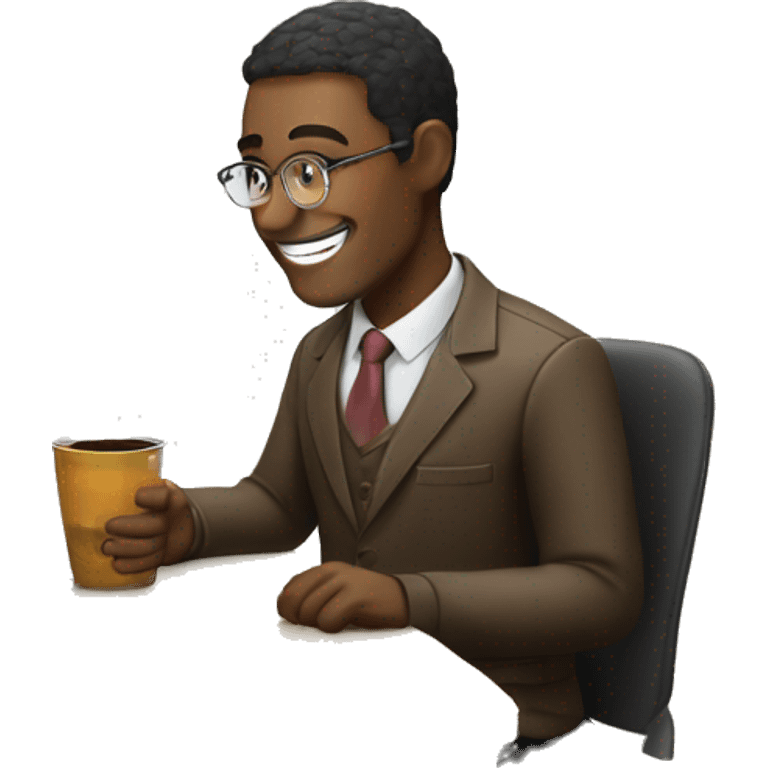 a man, smile, glass, are typing , with laptop in front, a cup of coffee on desk,  emoji