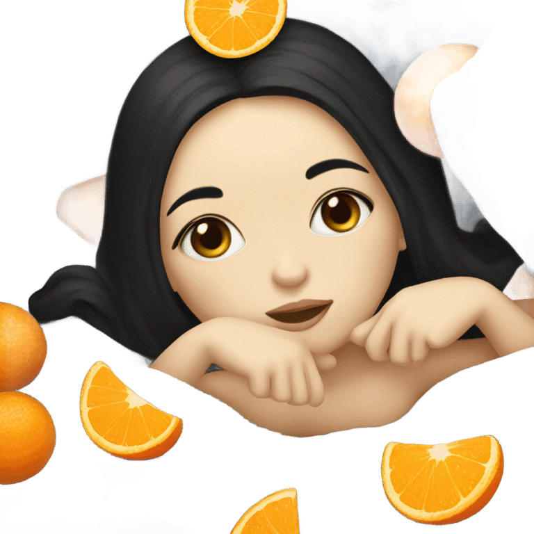 A girl, with black hair and white skin, lying under the blanket, eating tangerine emoji