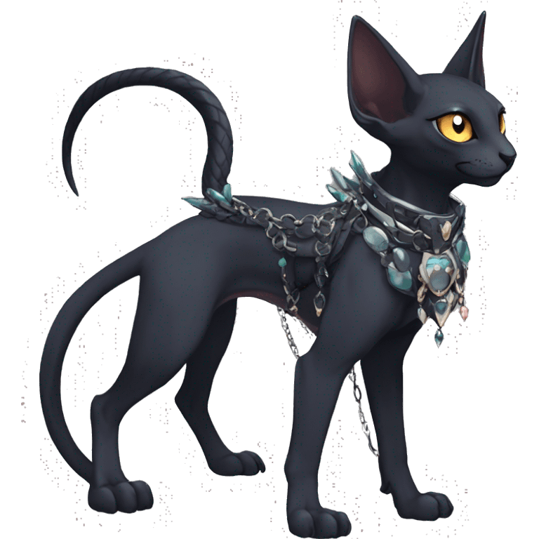 cool punk kawaii cartoon edgy distinguished pretty elegant beautiful fantasy black ethereal nargacuga-Noivern-sphynx-Quiana-Fakemon collar harness chains necklace full body emoji