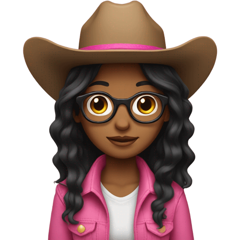 Girl with glasses and black long hair wearing a pink cowboy hat emoji