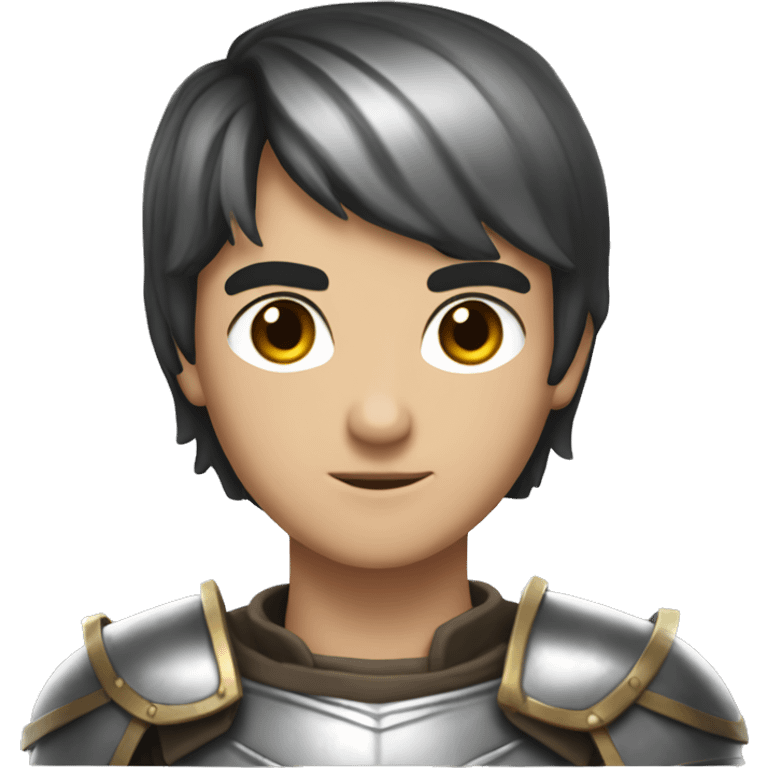 A young guy with brown eyes, short black hair, box haircut, dressed in silver knight armor emoji