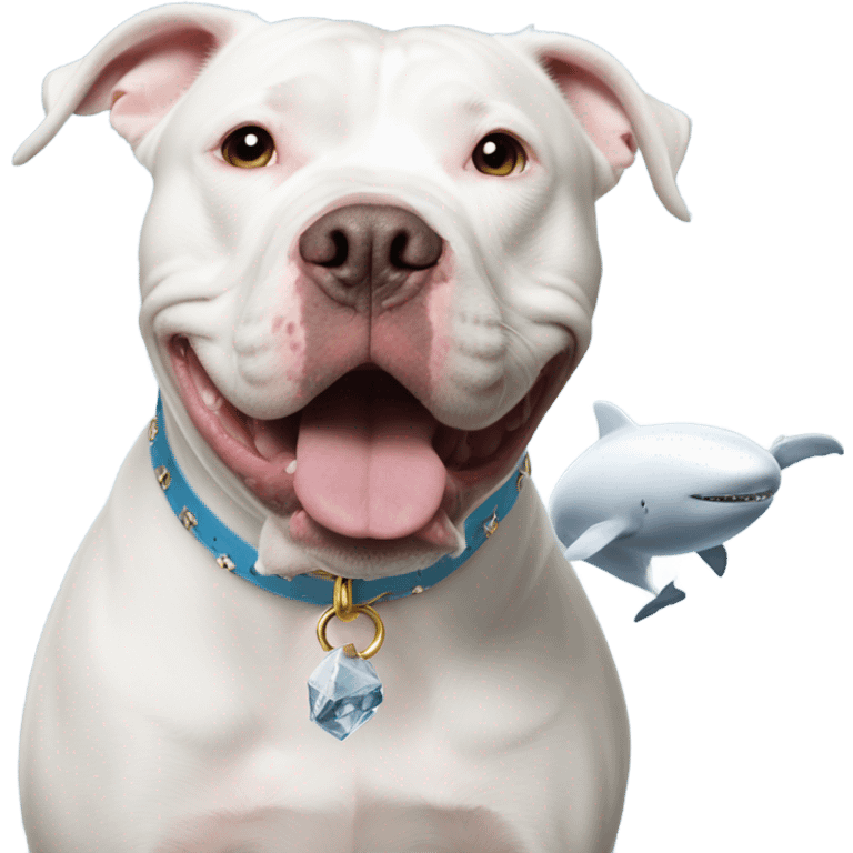 White pitbull with a collar that spells out Ice next to beluga whale  emoji