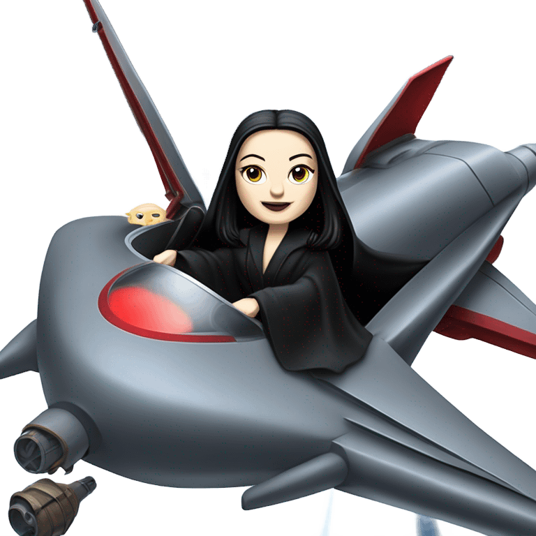 Jedi teen Morticia Addams flying a red and blue Zephyr-J powered by an imperial speeder emoji