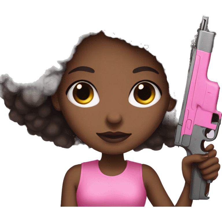 Afro hair brown Girl hand pink nails holding pink gun black eyes emoji